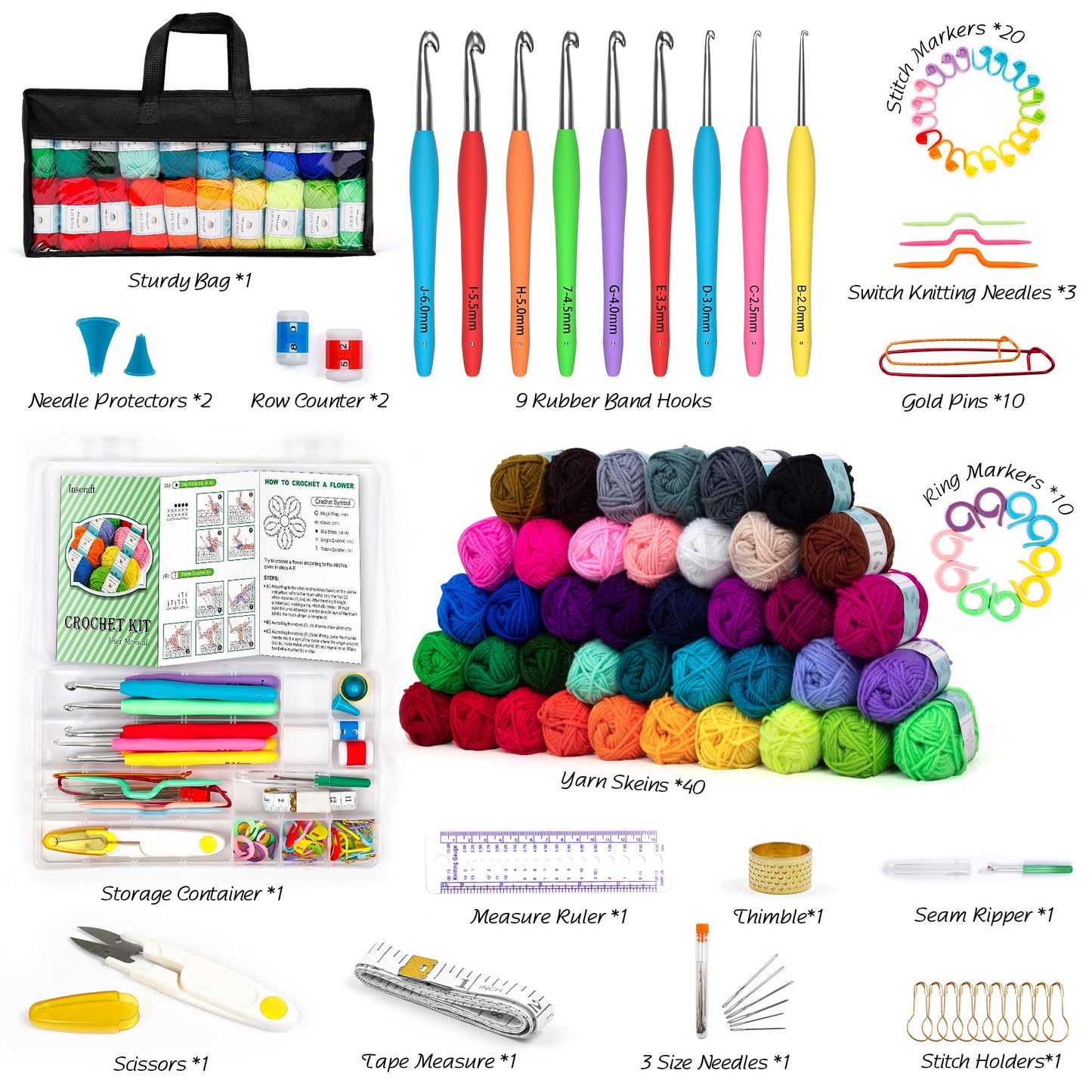 113 Piece Crochet Kit with Yarn Set– 1600 Yards Assorted Yarn for Knitting and Crochet, 73PCS Crochet Accessories Set Including Ergonomic Hooks, Knitting Needles & More Ideal Beginner Kit